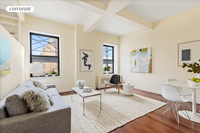 150 Joralemon St Unit 11D, New York City, NY 11201 - living room featuring healthy amount of natural light, wood finished floors, and beamed ceiling