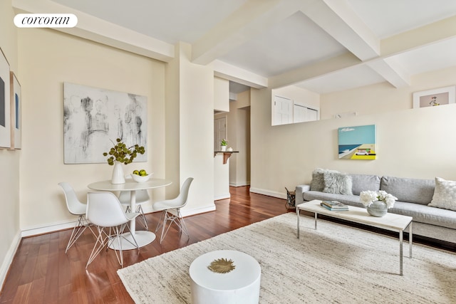 150 Joralemon St Unit 11D, New York City, NY 11201 - living area featuring wood finished floors, beam ceiling, and coffered ceiling