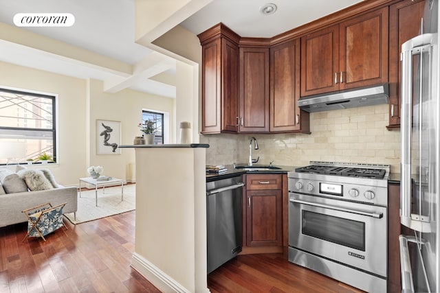 150 Joralemon St Unit 11D, New York City, NY 11201 - kitchen featuring high quality appliances, under cabinet range hood, plenty of natural light, and dark wood-type flooring