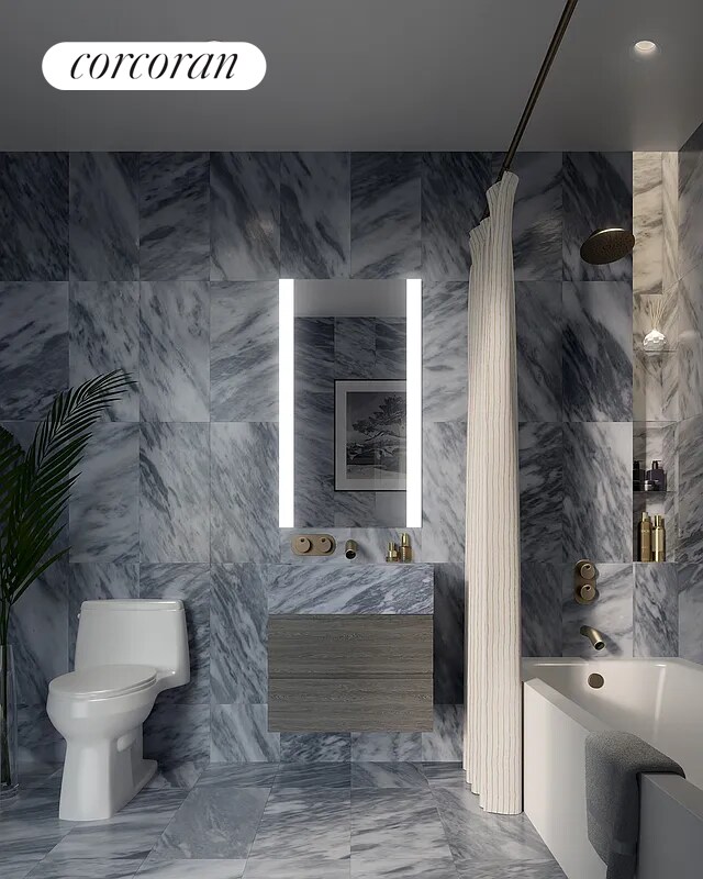 bathroom featuring tile walls, a shower with curtain, toilet, and a bathing tub