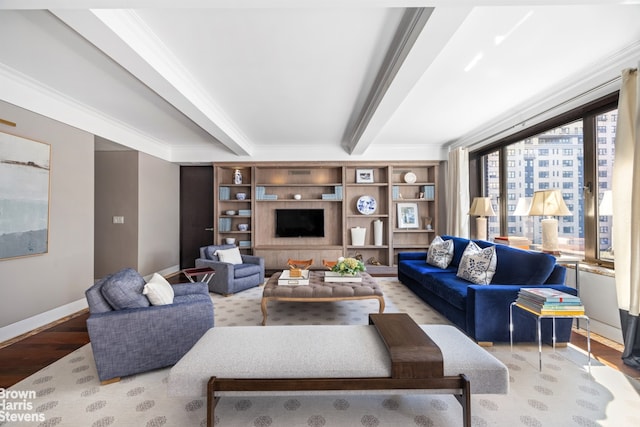 345 E 57th St Unit 8Ab, New York City, NY 10022 - living room with wood finished floors, beamed ceiling, baseboards, and ornamental molding