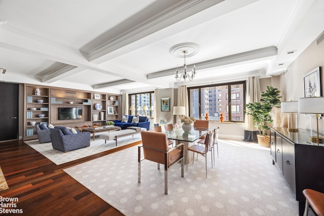 345 E 57th St Unit 8Ab, New York City, NY 10022 - dining space featuring wood finished floors, beam ceiling, and a chandelier