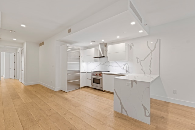 245 E 53rd St Unit 2, New York City, NY 10022 - kitchen with luxury range, wall chimney exhaust hood, a peninsula, modern cabinets, and white cabinetry