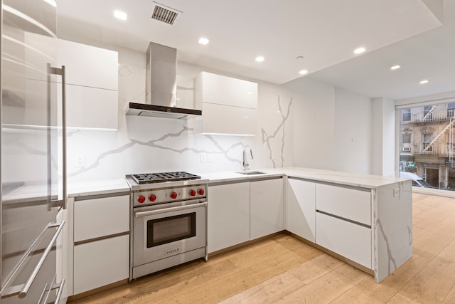 kitchen featuring wall chimney exhaust hood, high end appliances, light wood-style floors, white cabinetry, and a peninsula