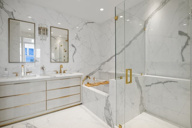 bathroom with a marble finish shower, double vanity, a bath, and marble finish floors