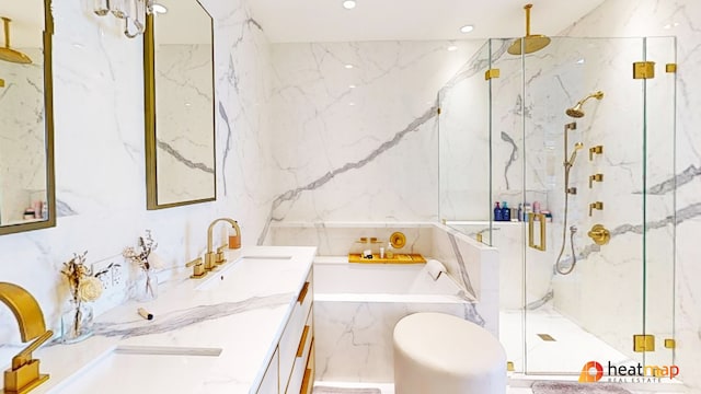 bathroom featuring a marble finish shower, a garden tub, recessed lighting, vanity, and tile walls