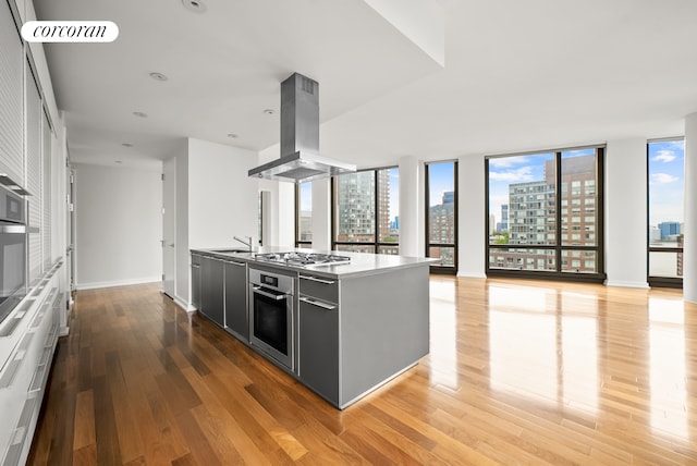 101 Warren St Unit 1720, New York City, NY 10007 - kitchen featuring island range hood, appliances with stainless steel finishes, light wood-style flooring, a city view, and plenty of natural light
