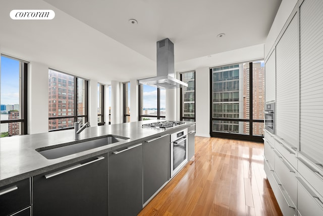 101 Warren St Unit 1720, New York City, NY 10007 - kitchen with island range hood, stainless steel appliances, dark cabinetry, light wood-style floors, and dark countertops