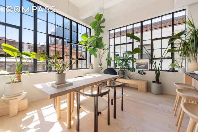 sunroom with beamed ceiling