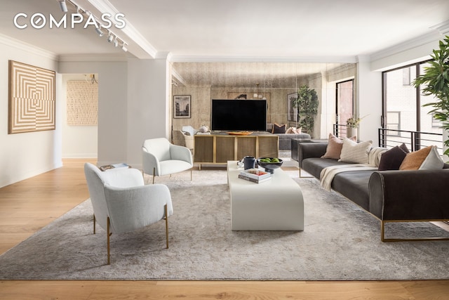 32 E 76th St Unit 805, New York City, NY 10021 - living room featuring crown molding, wood finished floors, and track lighting
