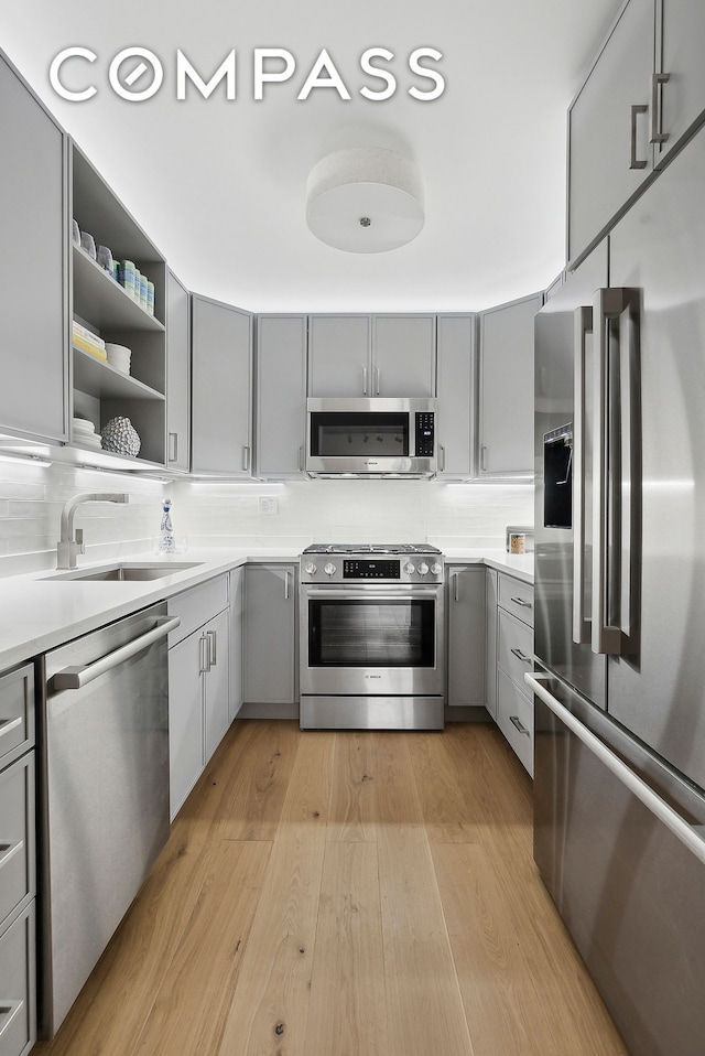 32 E 76th St Unit 805, New York City, NY 10021 - kitchen featuring appliances with stainless steel finishes, gray cabinets, light countertops, light wood-style flooring, and open shelves