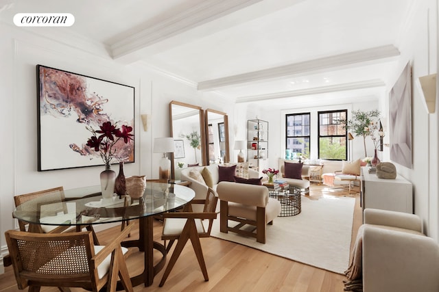 23 W 73rd St Unit 306, New York City, NY 10023 - living area with visible vents, ornamental molding, light wood-style flooring, and beamed ceiling
