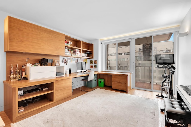 office featuring a wealth of natural light, built in desk, and wood finished floors