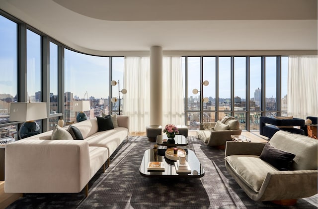 interior space featuring a view of city and expansive windows