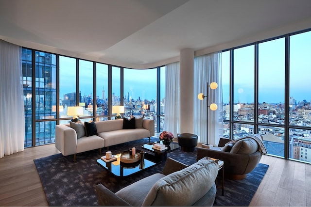 interior space featuring a view of city, wood finished floors, a wealth of natural light, and floor to ceiling windows
