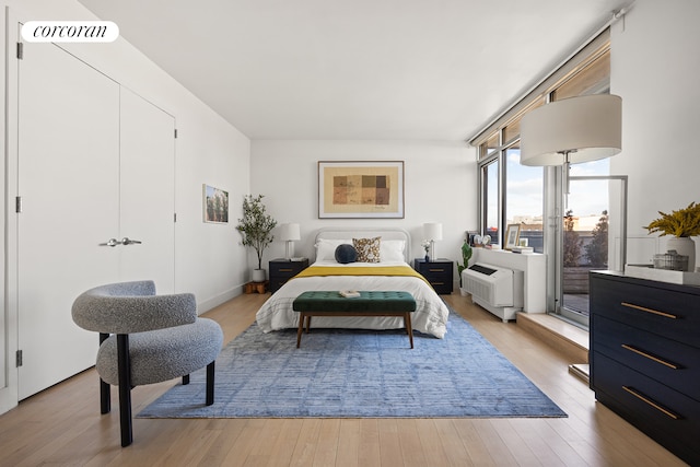bedroom featuring light wood finished floors and access to exterior
