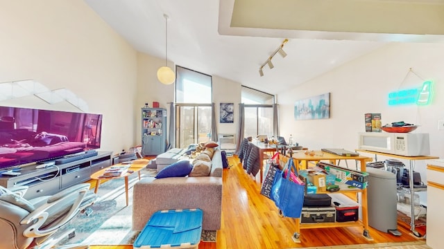 living area featuring rail lighting, vaulted ceiling, and wood finished floors