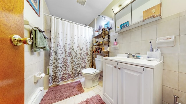full bath featuring a shower with curtain, visible vents, tile walls, vanity, and toilet