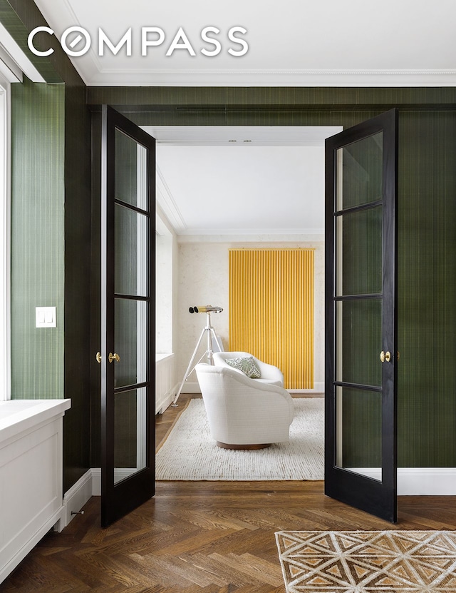 corridor featuring french doors and ornamental molding