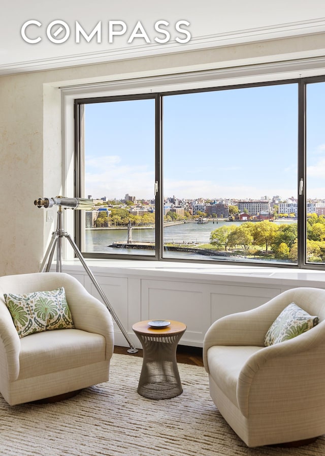 sitting room with plenty of natural light, a water view, and a city view