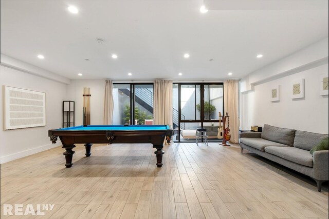 143 Meserole St Unit 1A, New York City, NY 11206 - playroom with billiards table, light wood-style floors, recessed lighting, and baseboards