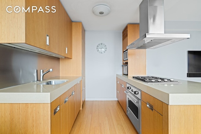 450 W 17th St Unit 2302, New York City, NY 10011 - kitchen featuring appliances with stainless steel finishes, island exhaust hood, a sink, light wood-style floors, and light countertops