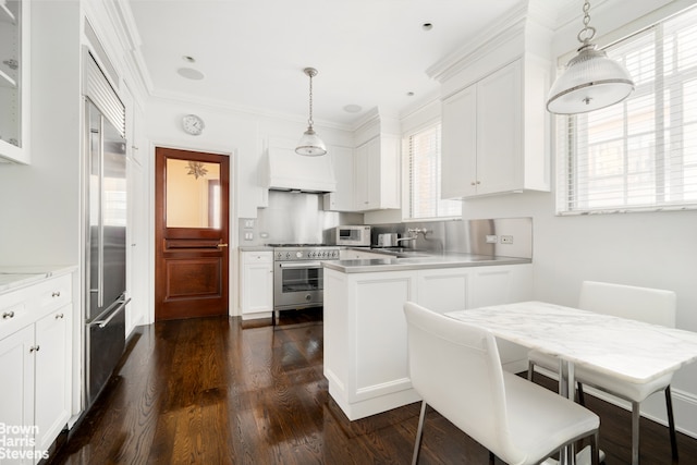 kitchen featuring a peninsula, premium appliances, white cabinetry, light countertops, and crown molding