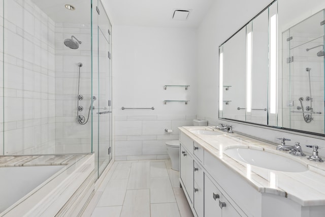 full bathroom with a shower stall, a sink, visible vents, and tile walls