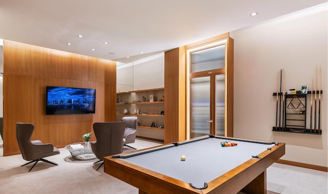 playroom featuring light carpet, billiards, and recessed lighting