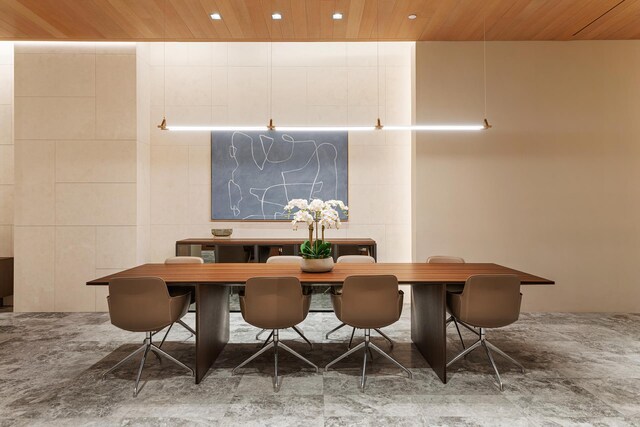 dining room with recessed lighting and wooden ceiling