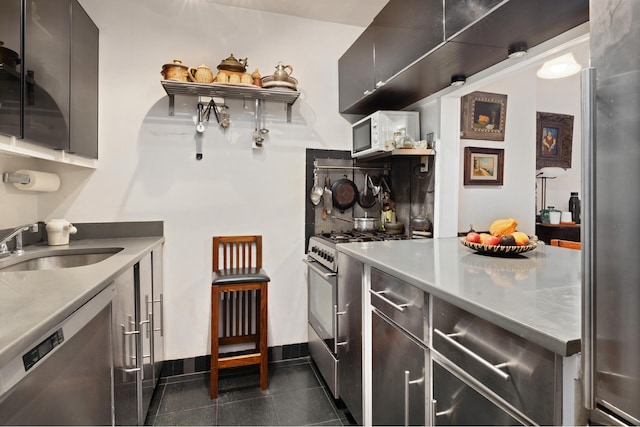 43 W 61st St Unit 16H, New York City, NY 10023 - kitchen with gas stove, dishwasher, open shelves, white microwave, and light countertops