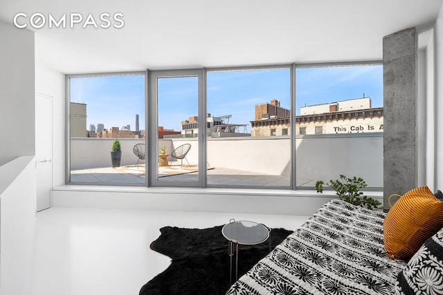 interior space with a city view