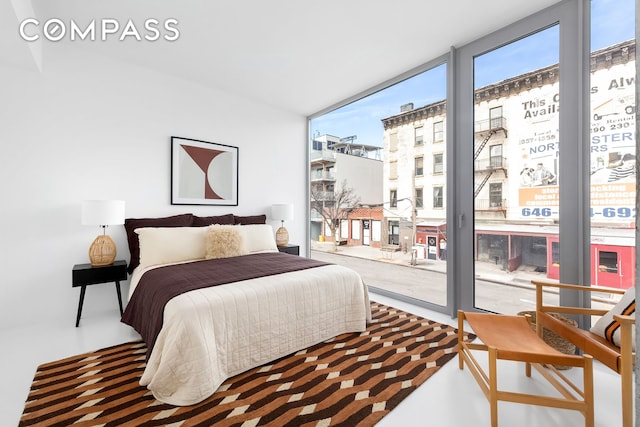 bedroom featuring multiple windows, access to outside, and expansive windows