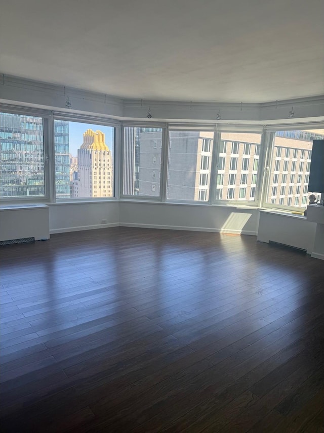 unfurnished room featuring radiator heating unit, wood finished floors, and baseboards