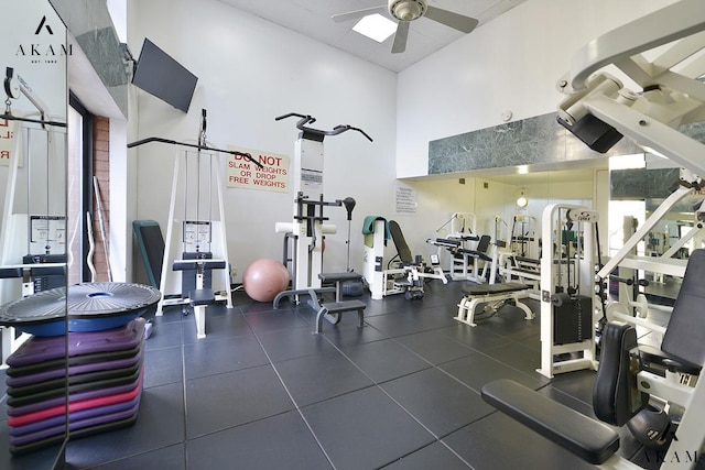 343 E 74th St Unit 7-J, New York City, NY 10021 - exercise room featuring ceiling fan and a towering ceiling