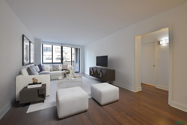 living area featuring baseboards and dark wood-type flooring
