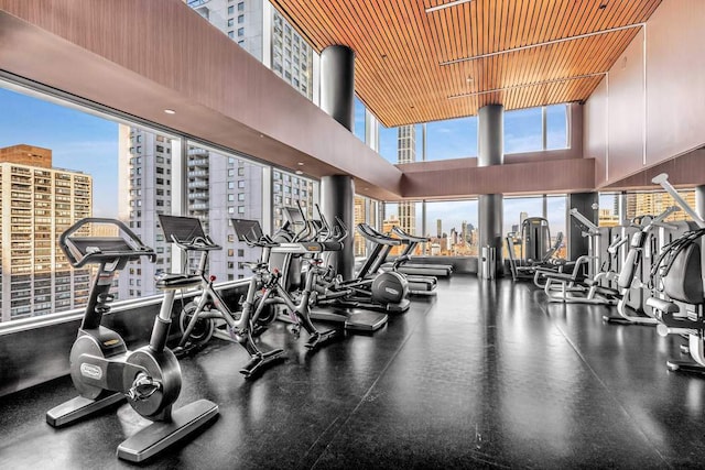 gym featuring wood ceiling and a view of city