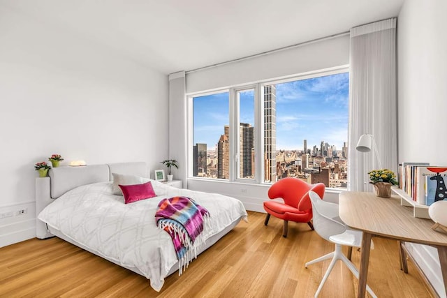 bedroom featuring a city view, wood finished floors, and baseboards