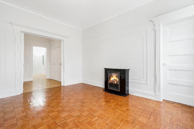 64-07 68th Ave, New York City, NY 11385 - unfurnished living room featuring ornamental molding, a multi sided fireplace, and baseboards