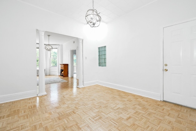 64-07 68th Ave, New York City, NY 11385 - spare room with a chandelier, baseboards, and decorative columns