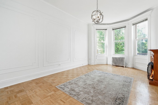 64-07 68th Ave, New York City, NY 11385 - unfurnished dining area with radiator heating unit, a chandelier, and crown molding
