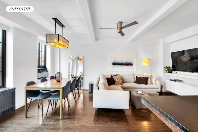 201 W 16th St Unit 12Dg, New York City, NY 10011 - living room with ceiling fan, beam ceiling, and dark wood finished floors