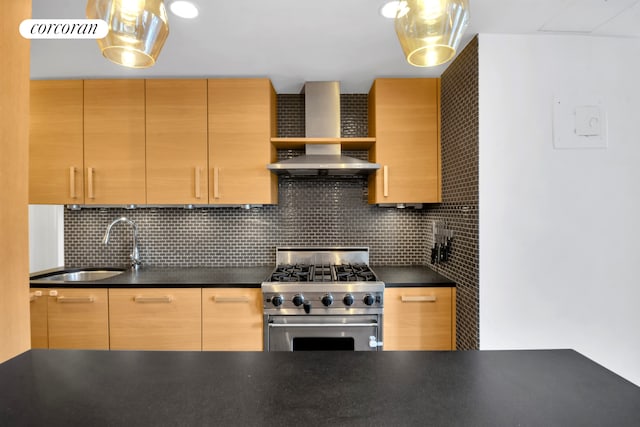 201 W 16th St Unit 12Dg, New York City, NY 10011 - kitchen with wall chimney exhaust hood, high end stove, decorative backsplash, and dark countertops