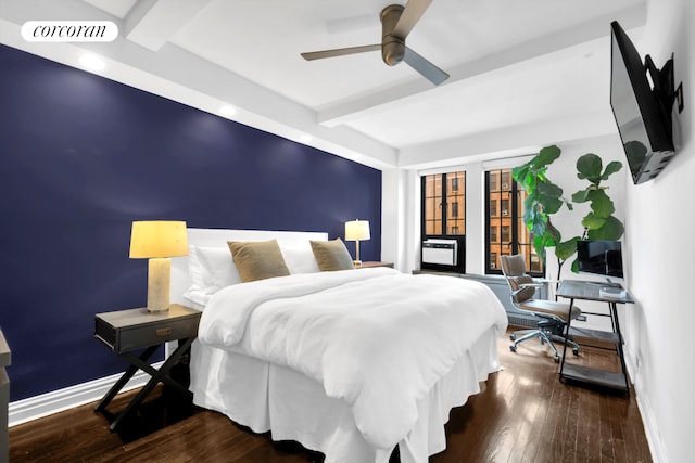 201 W 16th St Unit 12Dg, New York City, NY 10011 - bedroom with beamed ceiling, hardwood / wood-style floors, and ceiling fan