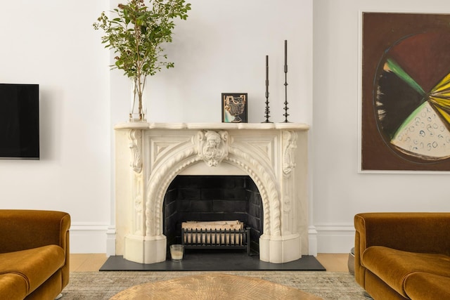 living room with a fireplace