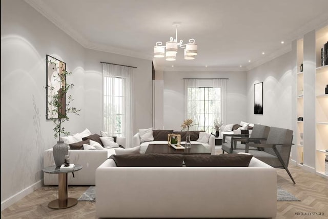 59 E 73rd St, New York City, NY 10021 - living room featuring ornamental molding, baseboards, recessed lighting, and a chandelier