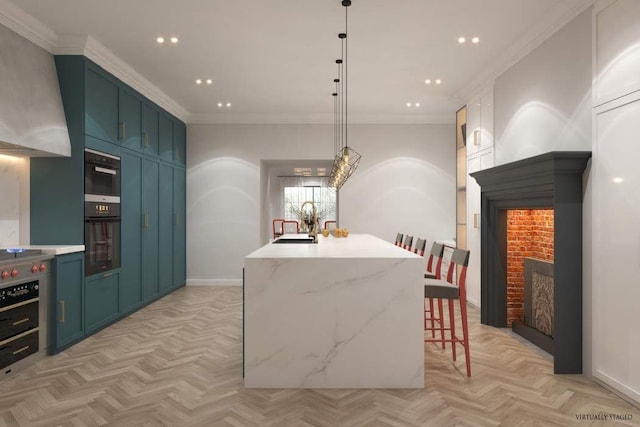 59 E 73rd St, New York City, NY 10021 - kitchen featuring black oven, recessed lighting, a kitchen bar, a kitchen island with sink, and blue cabinetry