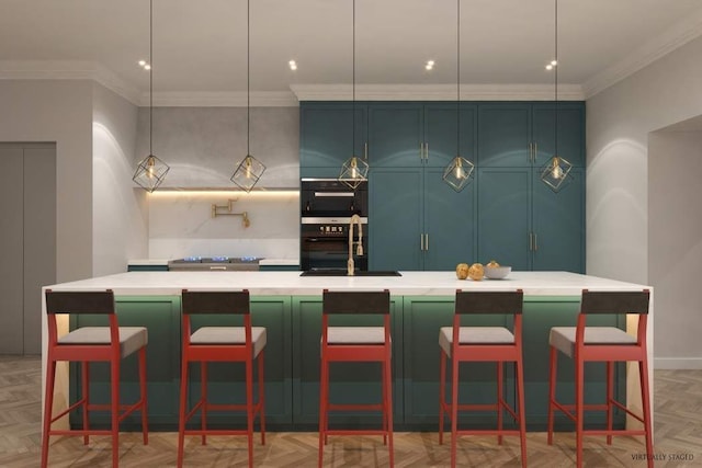59 E 73rd St, New York City, NY 10021 - kitchen featuring a sink, ornamental molding, light countertops, a spacious island, and a breakfast bar area