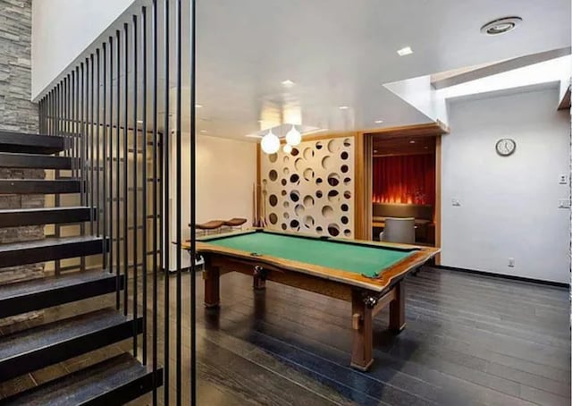 recreation room with hardwood / wood-style floors, billiards table, and baseboards