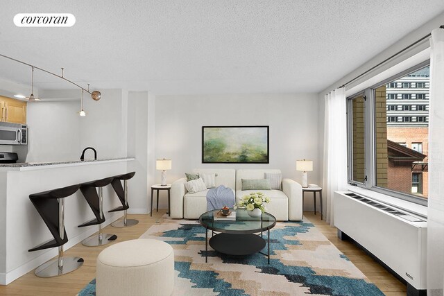 living area featuring radiator heating unit, light wood finished floors, a textured ceiling, and baseboards